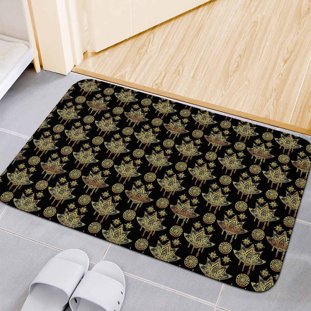 Black And Gold Lotus Flower Print Indoor Door Mat