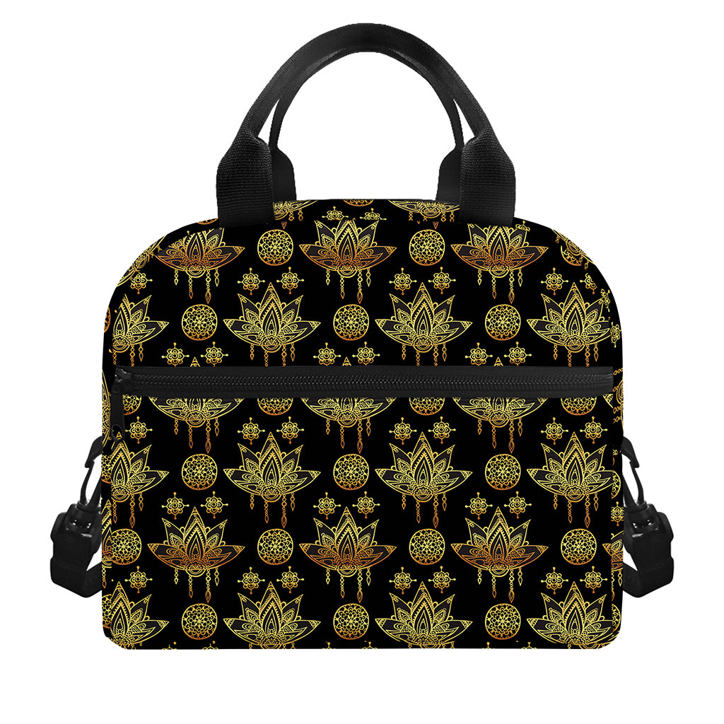 Black And Gold Lotus Flower Print Insulated Lunch Bag