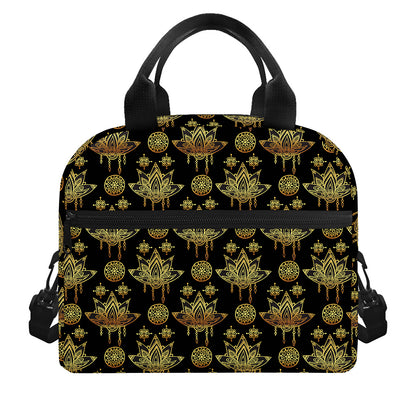 Black And Gold Lotus Flower Print Insulated Lunch Bag