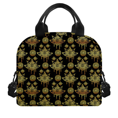 Black And Gold Lotus Flower Print Insulated Lunch Bag