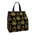 Black And Gold Lotus Flower Print Insulated Lunch Tote