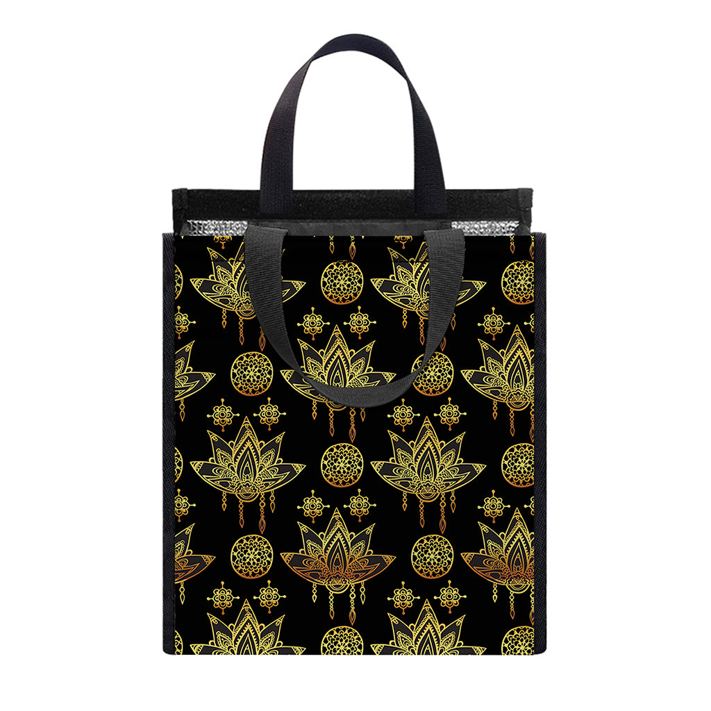 Black And Gold Lotus Flower Print Insulated Lunch Tote