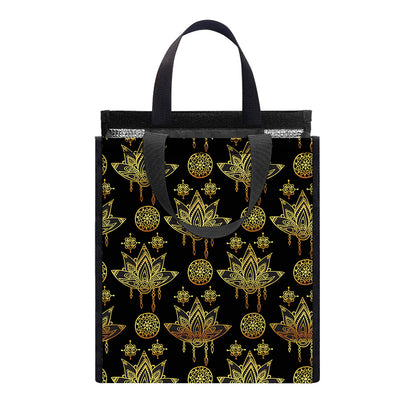 Black And Gold Lotus Flower Print Insulated Lunch Tote