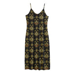 Black And Gold Lotus Flower Print Jersey Midi Cami Dress