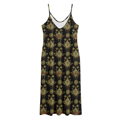 Black And Gold Lotus Flower Print Jersey Midi Cami Dress