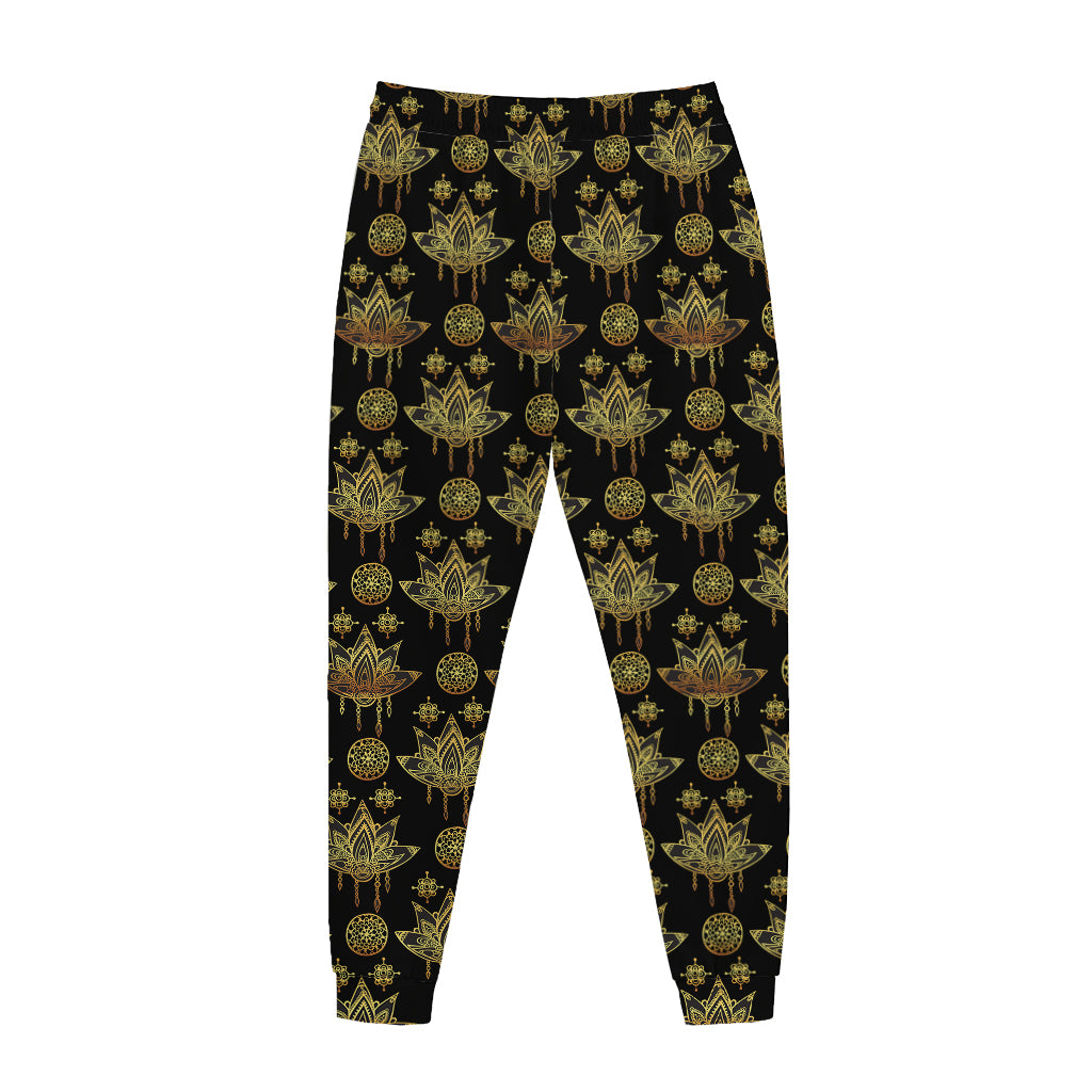 Black And Gold Lotus Flower Print Jogger Pants