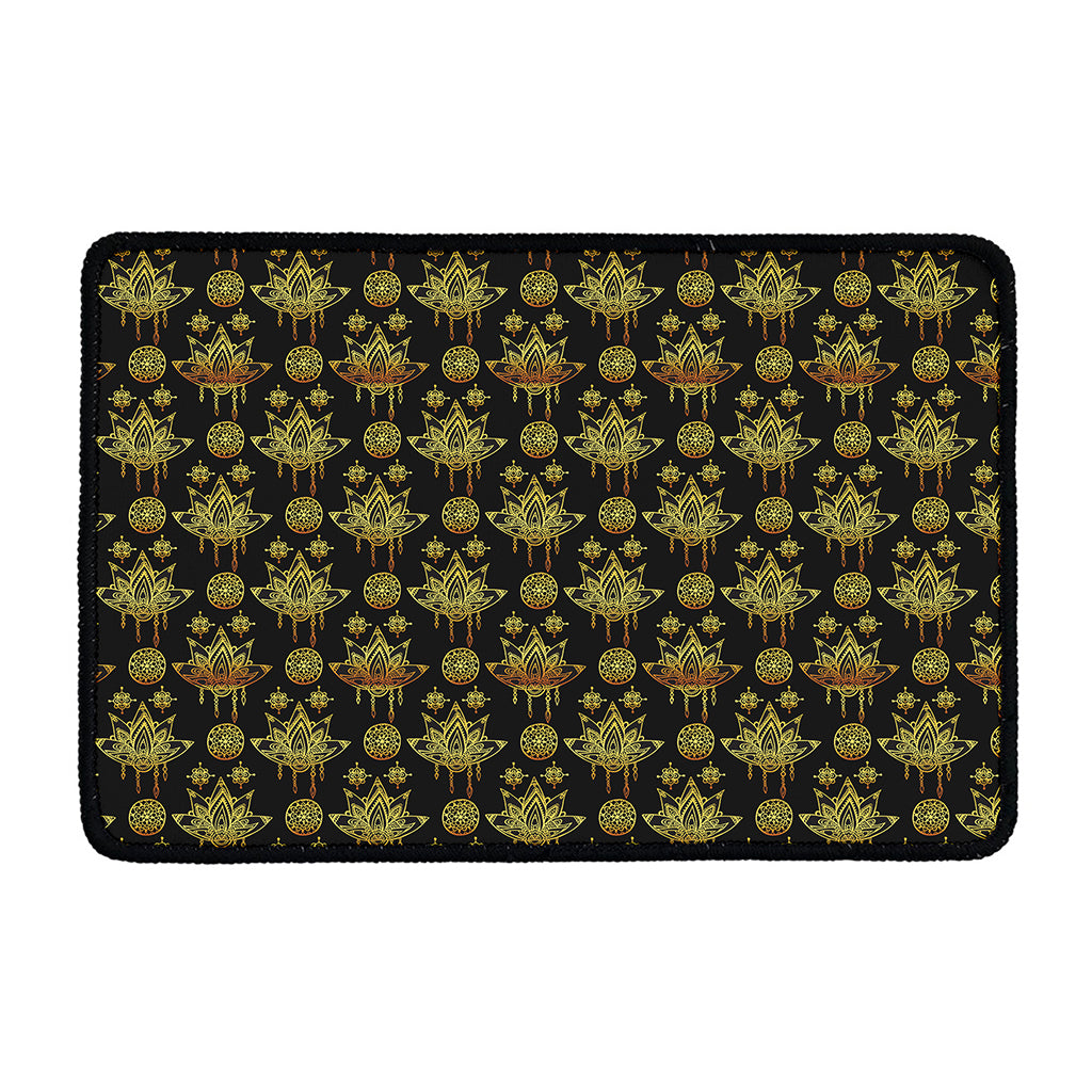 Black And Gold Lotus Flower Print Kitchen Mat