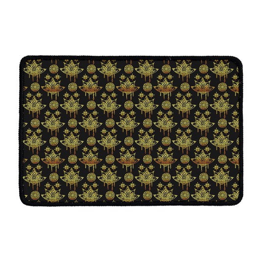 Black And Gold Lotus Flower Print Kitchen Mat