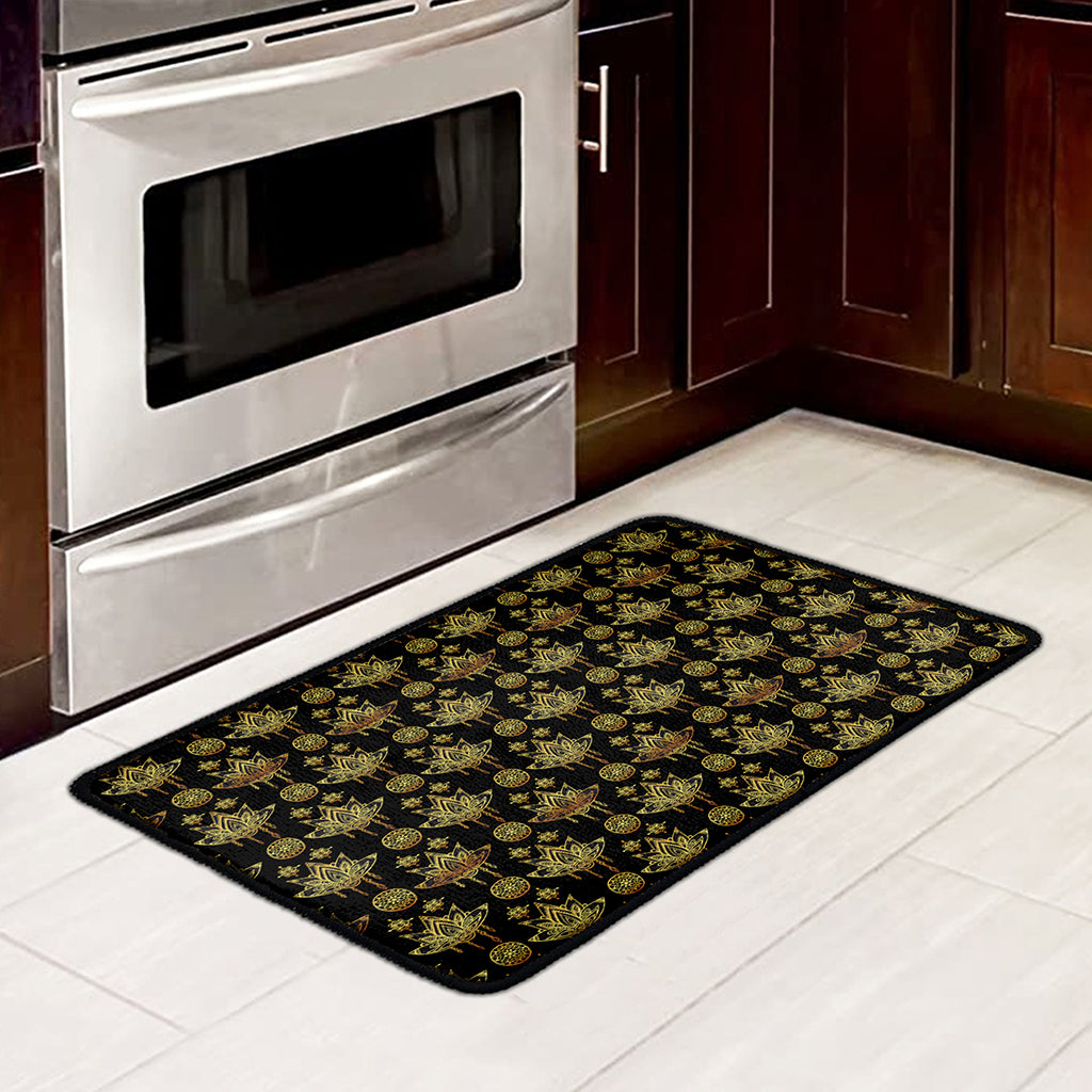 Black And Gold Lotus Flower Print Kitchen Mat