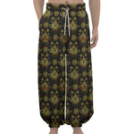 Black And Gold Lotus Flower Print Lantern Pants