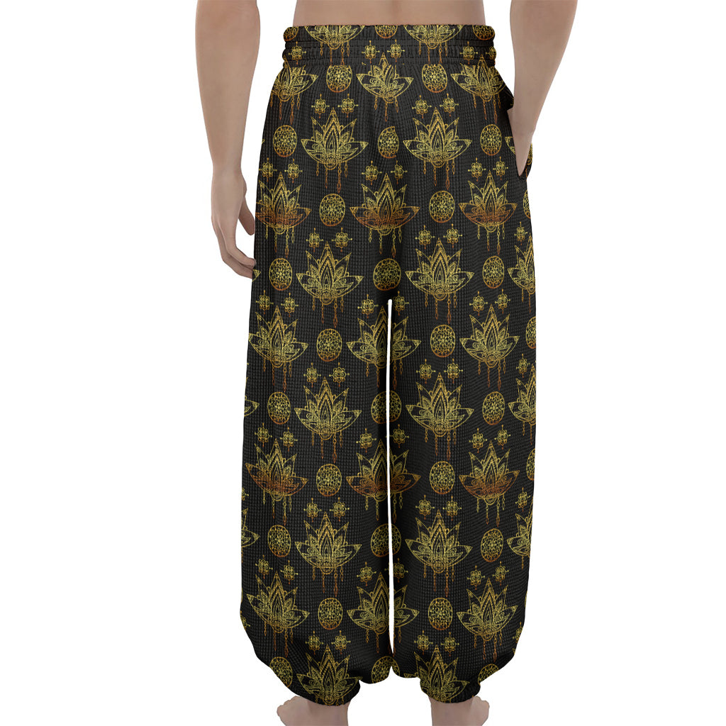 Black And Gold Lotus Flower Print Lantern Pants