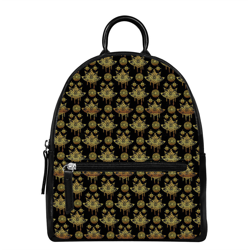Black And Gold Lotus Flower Print Leather Backpack