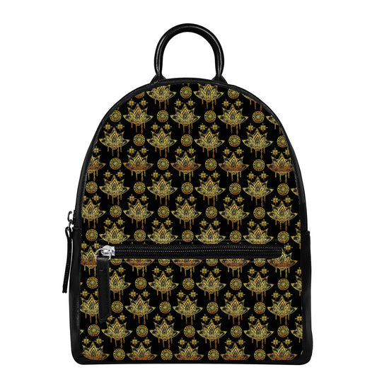 Black And Gold Lotus Flower Print Leather Backpack
