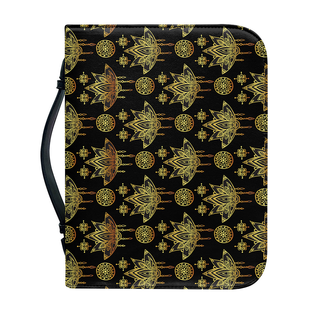 Black And Gold Lotus Flower Print Leather Bible Cover