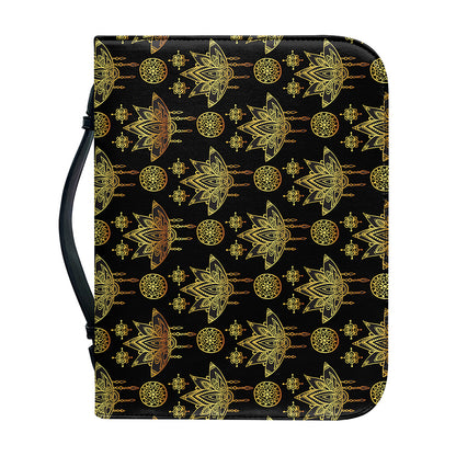 Black And Gold Lotus Flower Print Leather Bible Cover