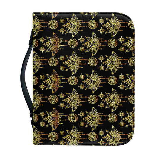 Black And Gold Lotus Flower Print Leather Bible Cover