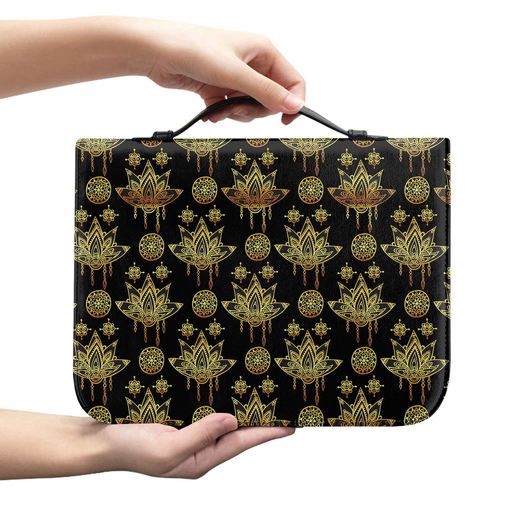 Black And Gold Lotus Flower Print Leather Bible Cover