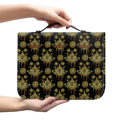 Black And Gold Lotus Flower Print Leather Bible Cover