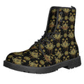 Black And Gold Lotus Flower Print Lace-Up Boots