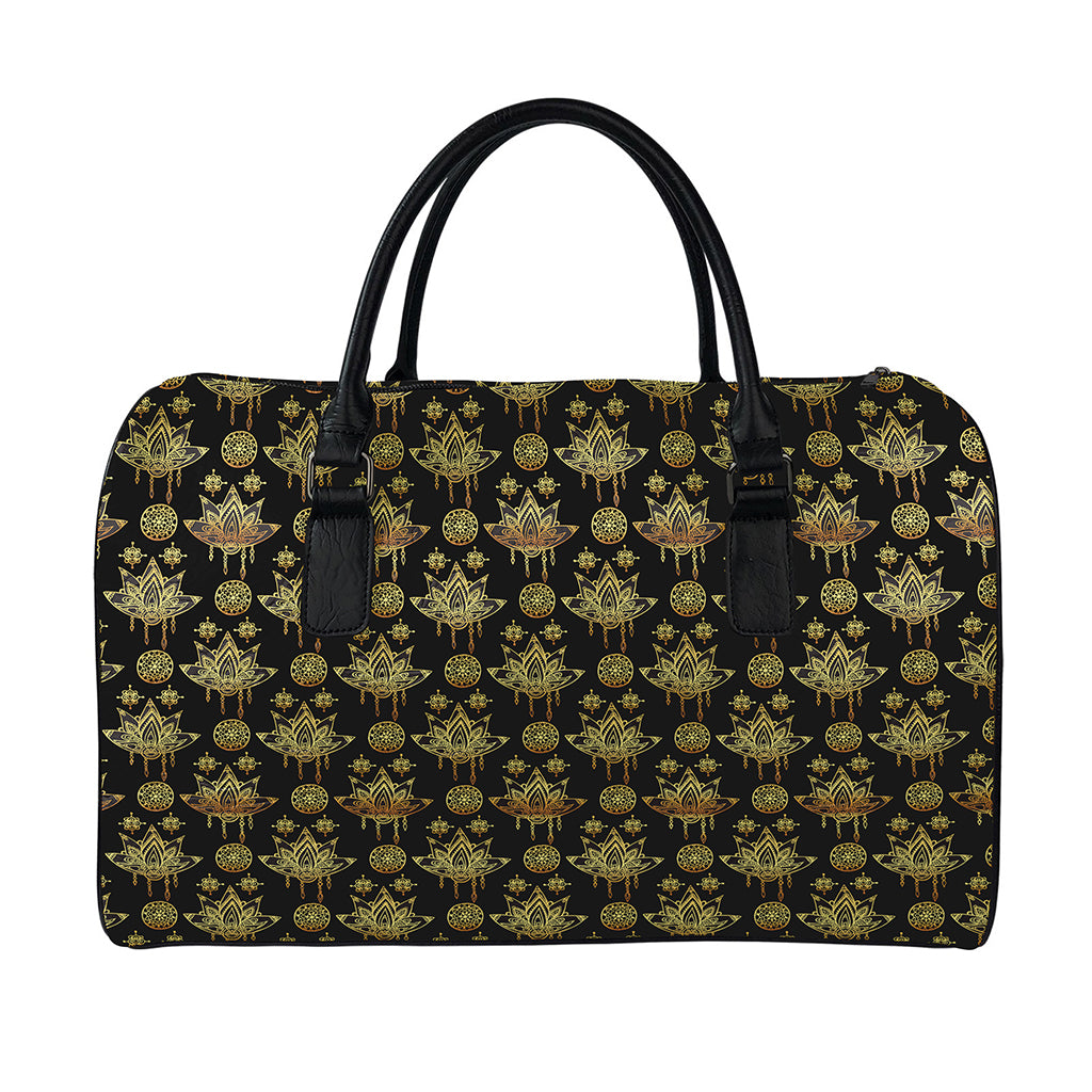 Black And Gold Lotus Flower Print Leather Duffle Bag