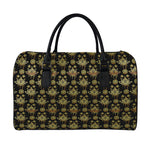 Black And Gold Lotus Flower Print Leather Duffle Bag