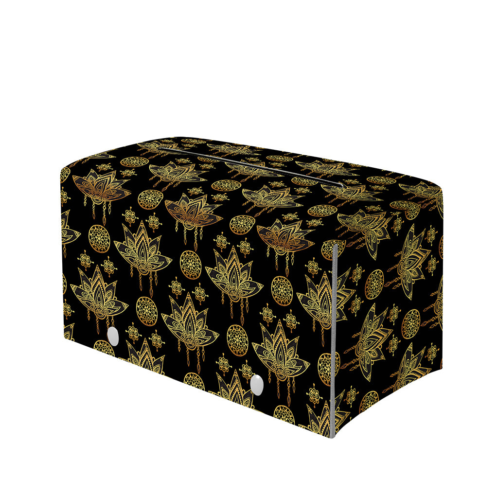 Black And Gold Lotus Flower Print Leather Tissue Box Cover