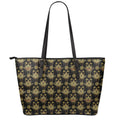 Black And Gold Lotus Flower Print Leather Tote Bag With Zipper