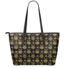 Black And Gold Lotus Flower Print Leather Tote Bag