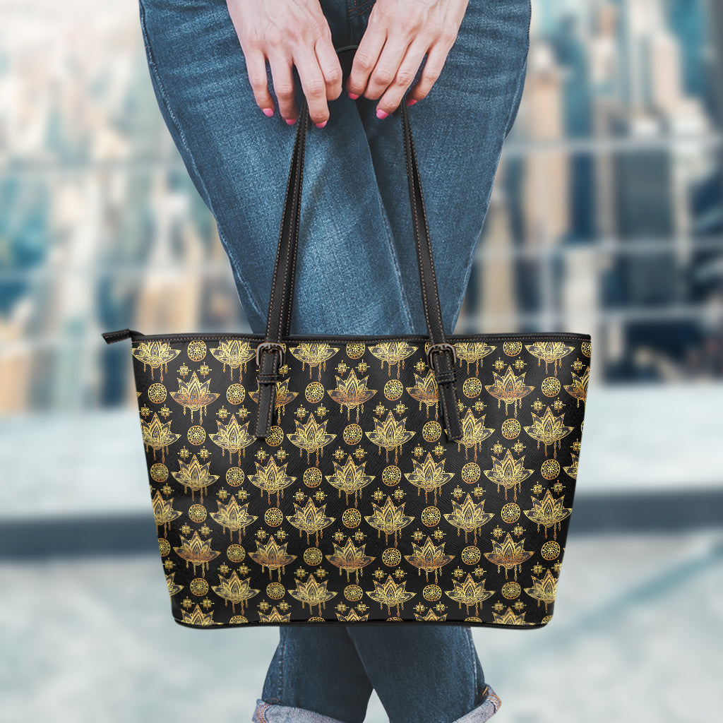 Black And Gold Lotus Flower Print Leather Tote Bag