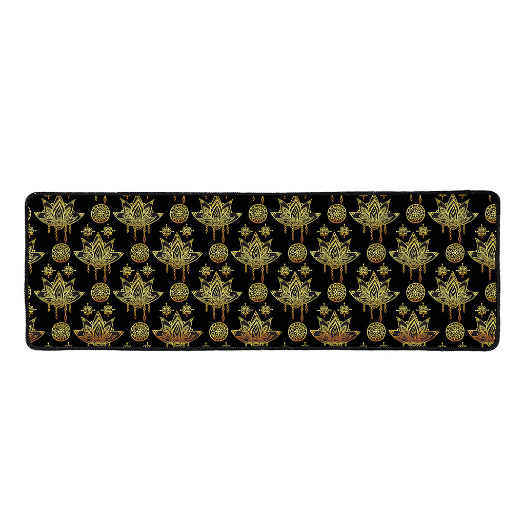 Black And Gold Lotus Flower Print Long Kitchen Mat