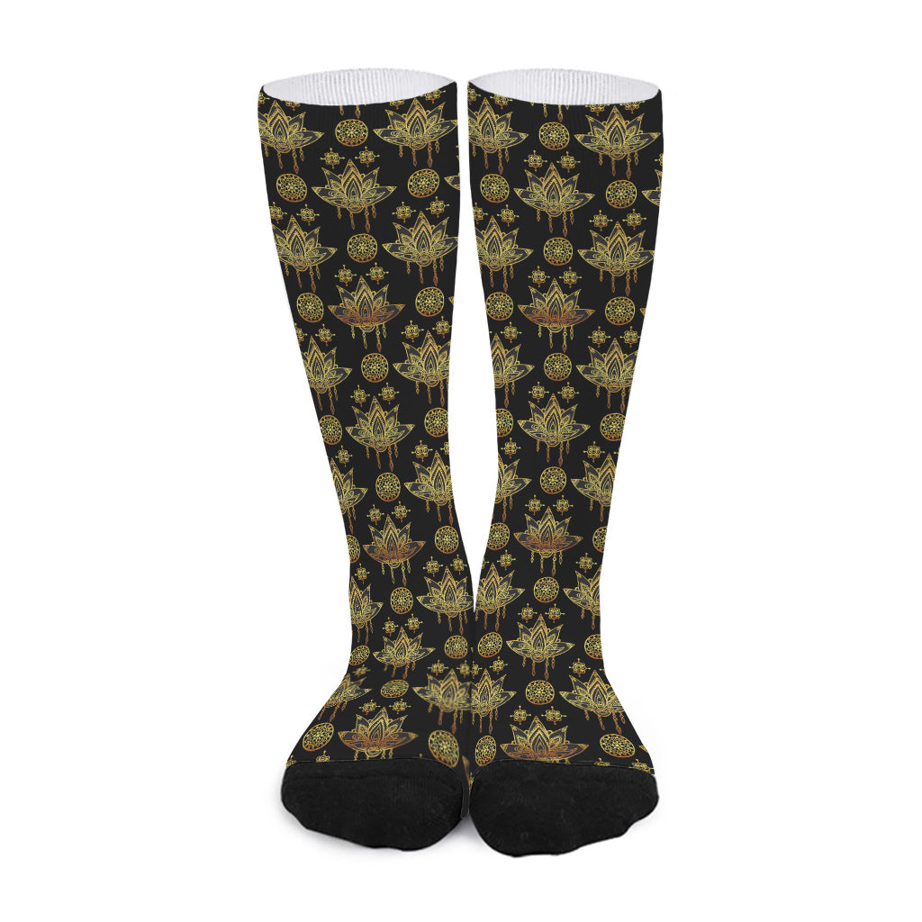 Black And Gold Lotus Flower Print Long Socks