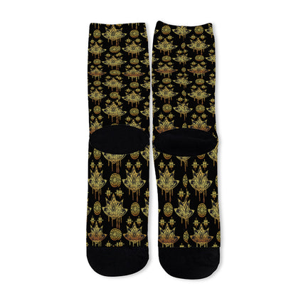 Black And Gold Lotus Flower Print Long Socks