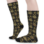 Black And Gold Lotus Flower Print Long Socks