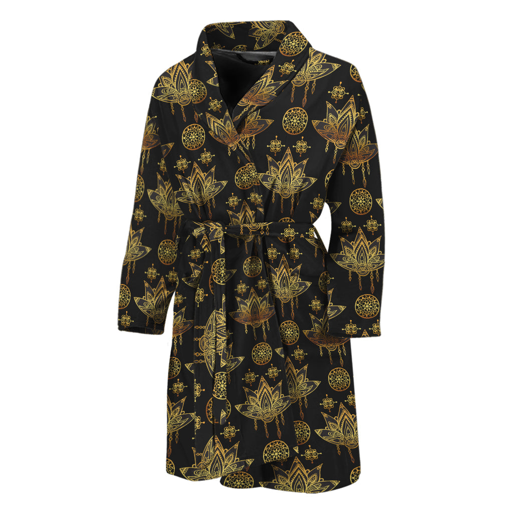 Black And Gold Lotus Flower Print Men's Bathrobe