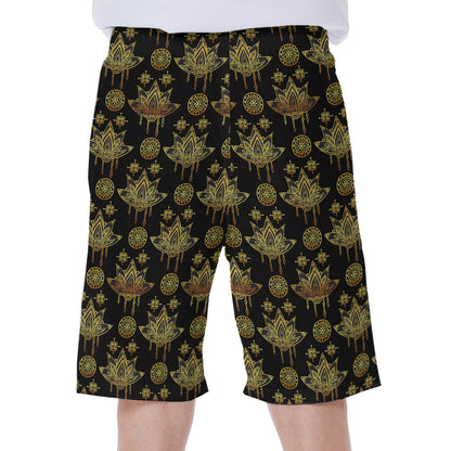 Black And Gold Lotus Flower Print Men's Beach Shorts