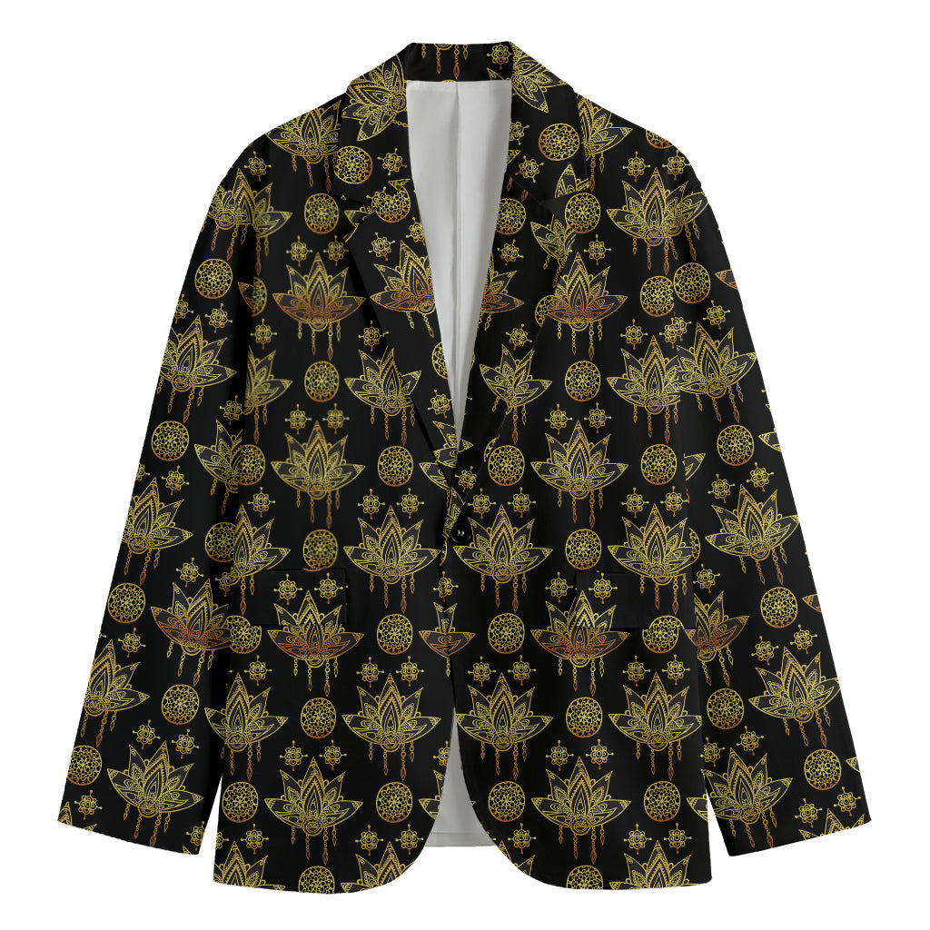 Black And Gold Lotus Flower Print Men's Blazer