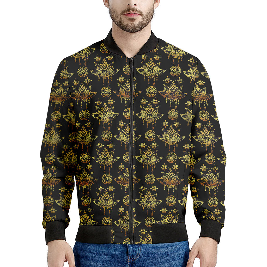 Black And Gold Lotus Flower Print Men's Bomber Jacket