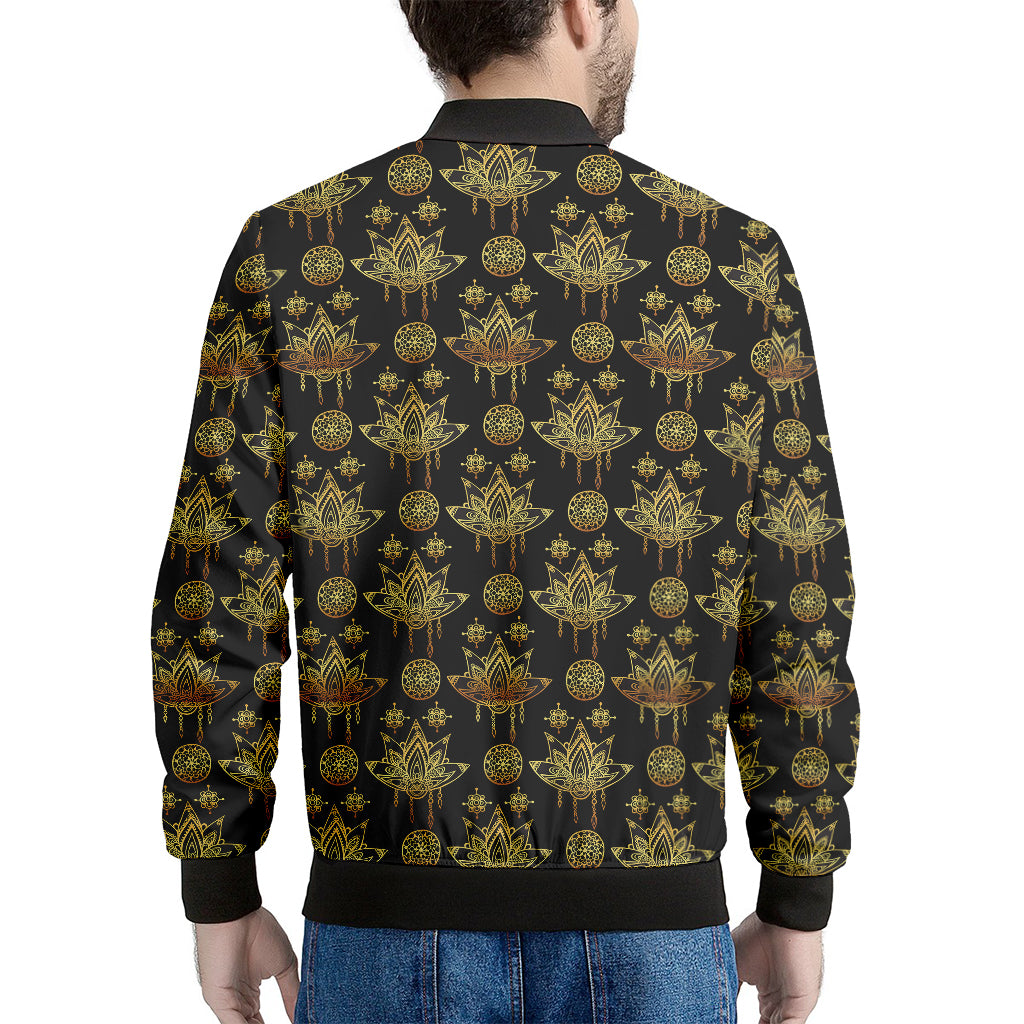 Black And Gold Lotus Flower Print Men's Bomber Jacket