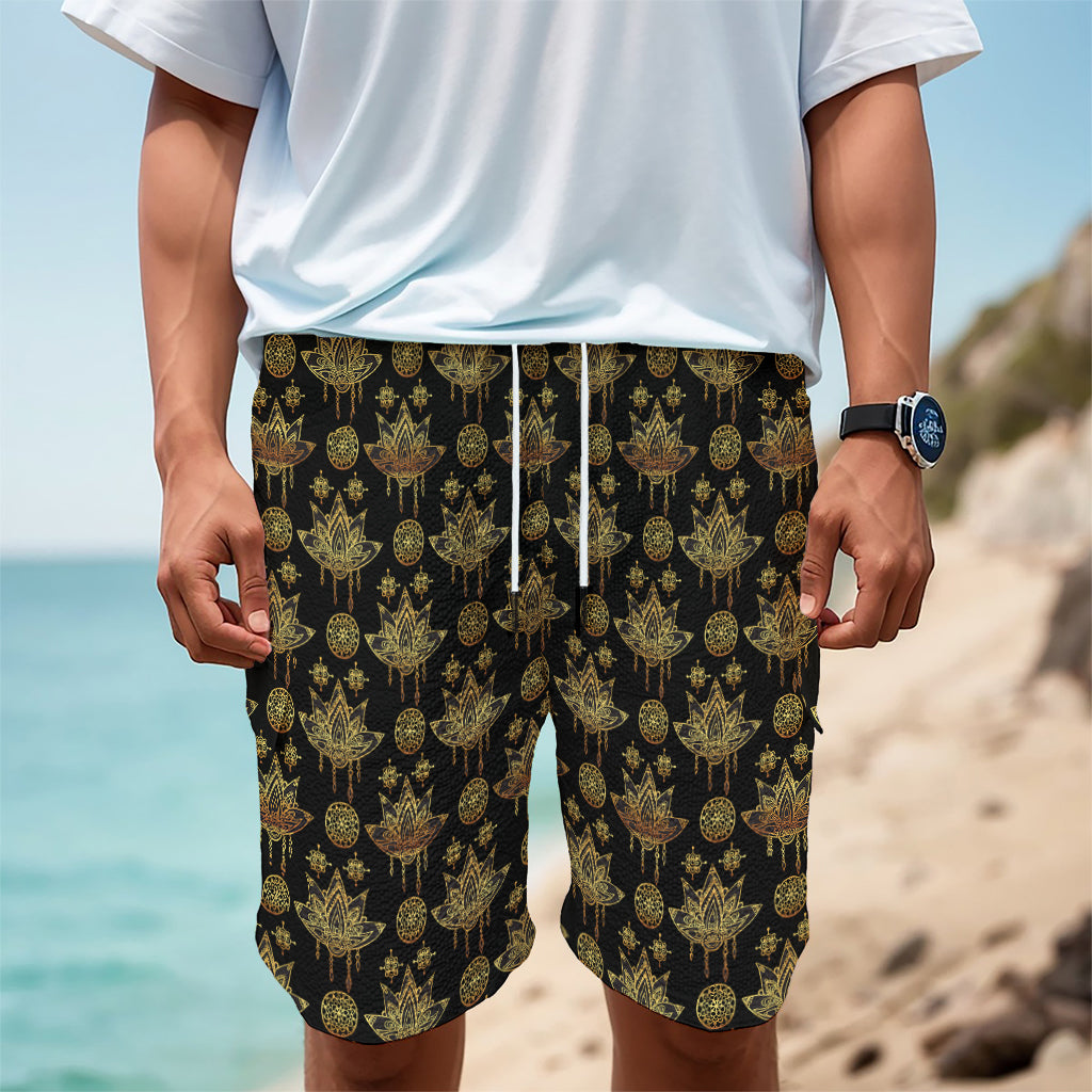 Black And Gold Lotus Flower Print Men's Cargo Shorts