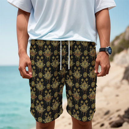 Black And Gold Lotus Flower Print Men's Cargo Shorts