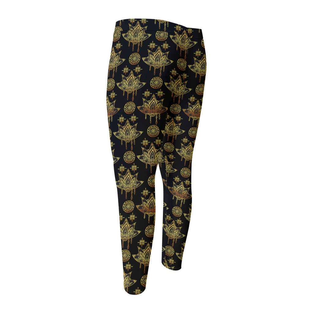 Black And Gold Lotus Flower Print Men's Compression Pants