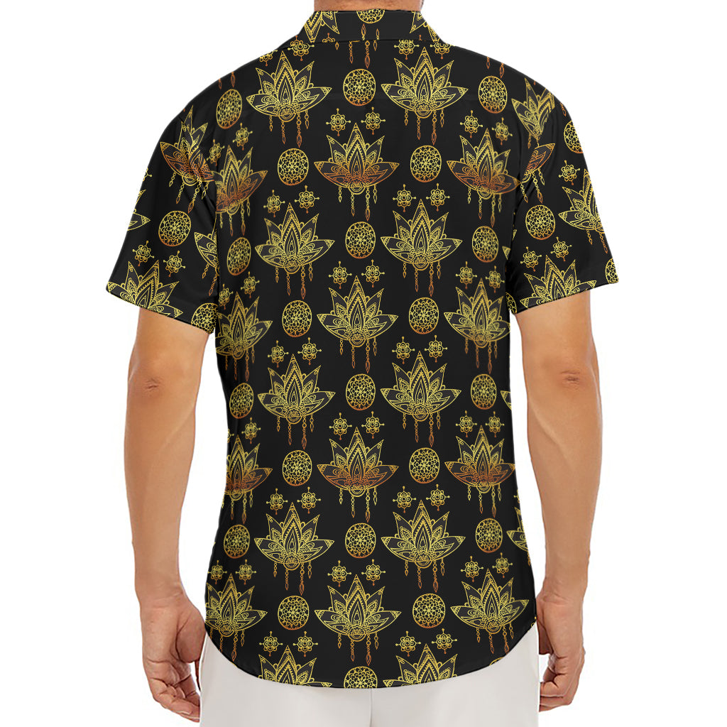 Black And Gold Lotus Flower Print Men's Deep V-Neck Shirt