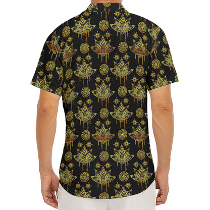 Black And Gold Lotus Flower Print Men's Deep V-Neck Shirt