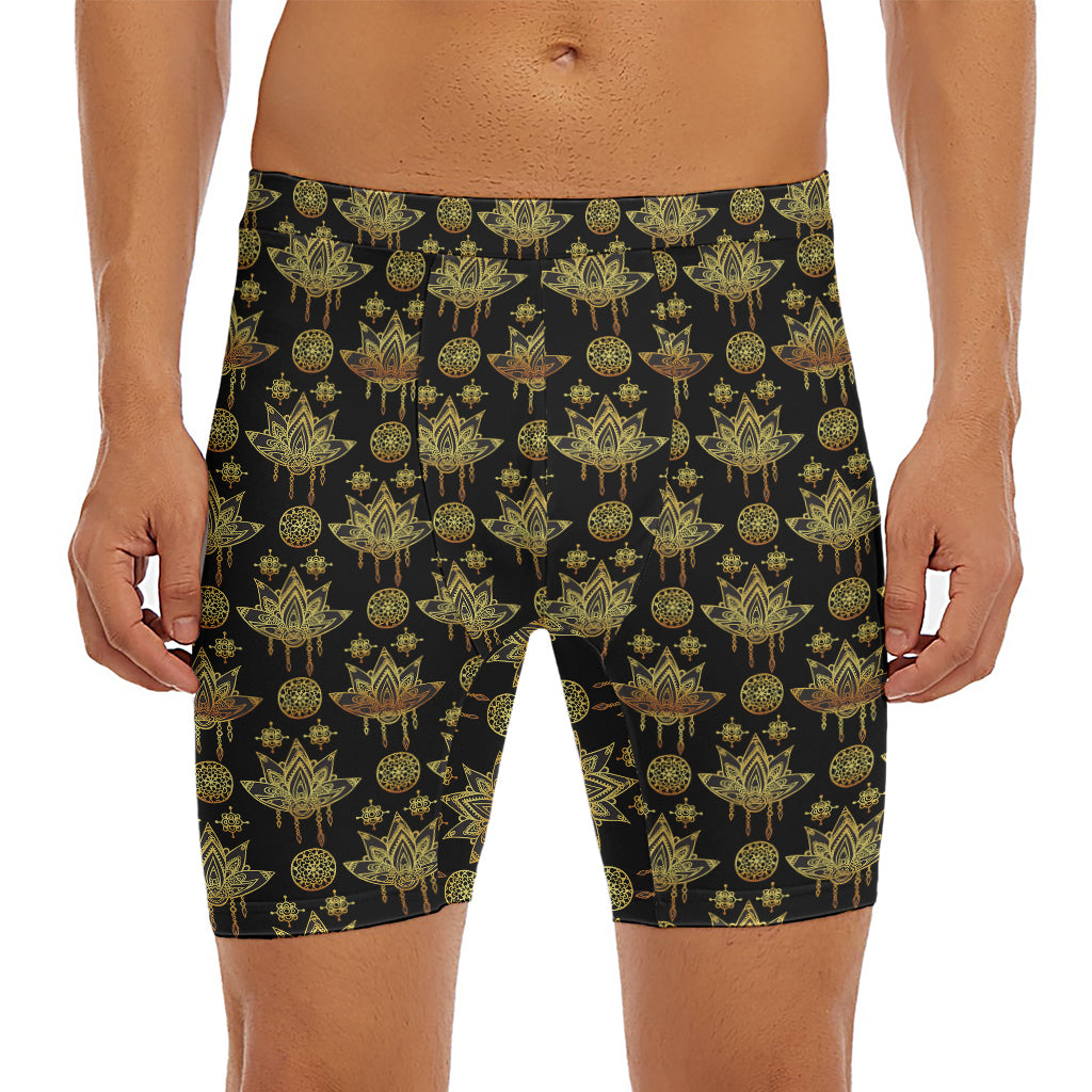 Black And Gold Lotus Flower Print Men's Long Boxer Briefs