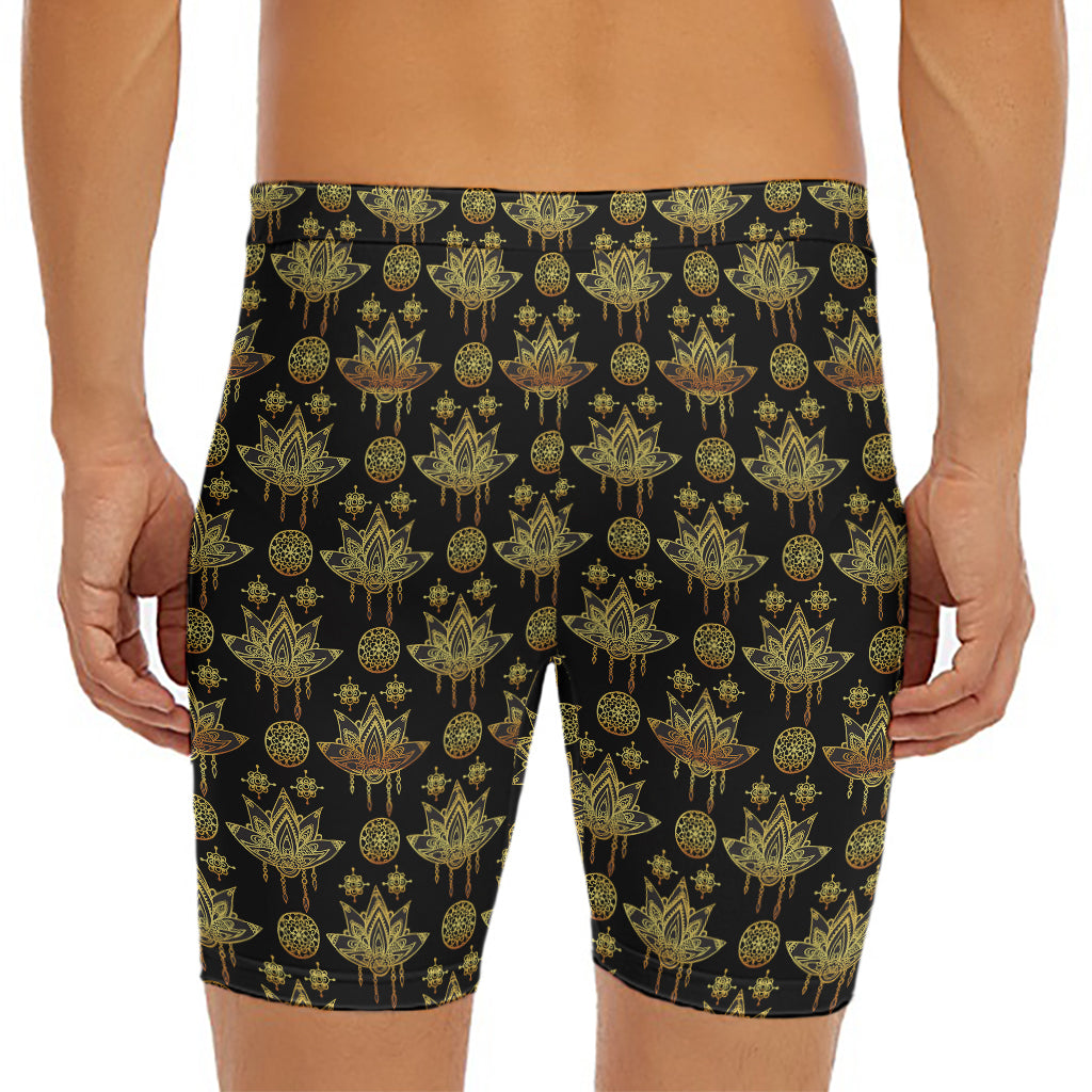 Black And Gold Lotus Flower Print Men's Long Boxer Briefs