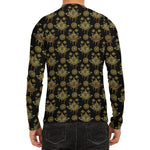 Black And Gold Lotus Flower Print Men's Long Sleeve Rash Guard