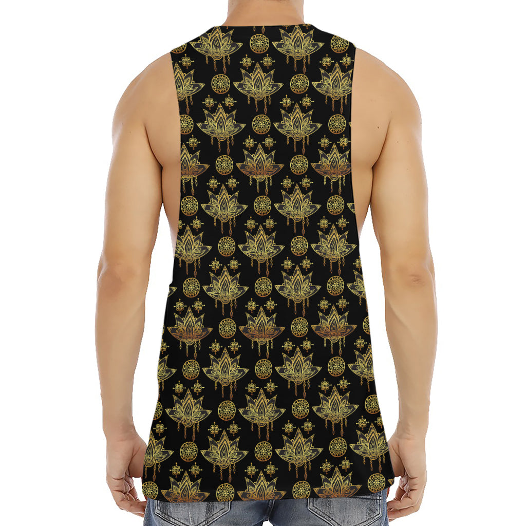 Black And Gold Lotus Flower Print Men's Muscle Tank Top