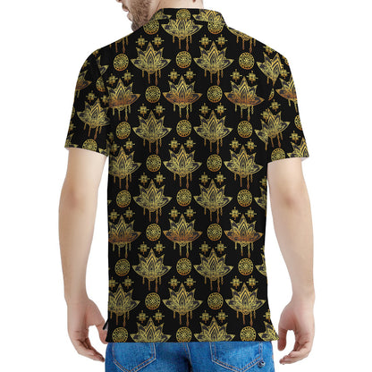 Black And Gold Lotus Flower Print Men's Polo Shirt