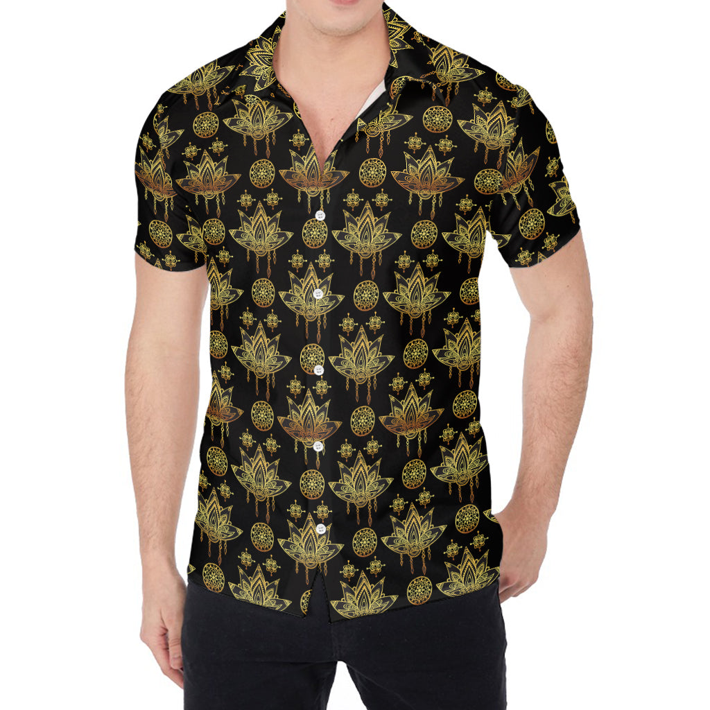 Black And Gold Lotus Flower Print Men's Shirt