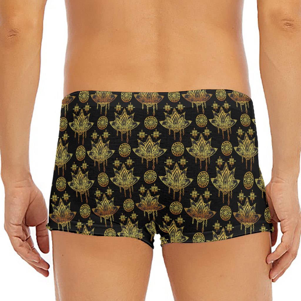 Black And Gold Lotus Flower Print Men's Short Boxer Briefs